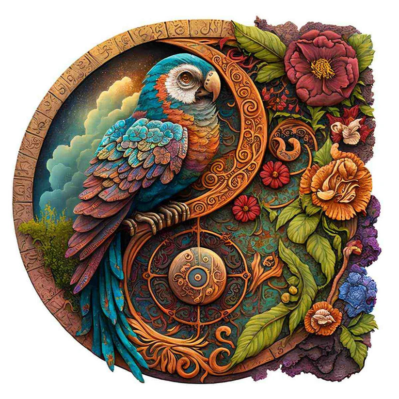 Colorful wooden jigsaw puzzle parrot ying yang design with intricate patterns and vibrant details