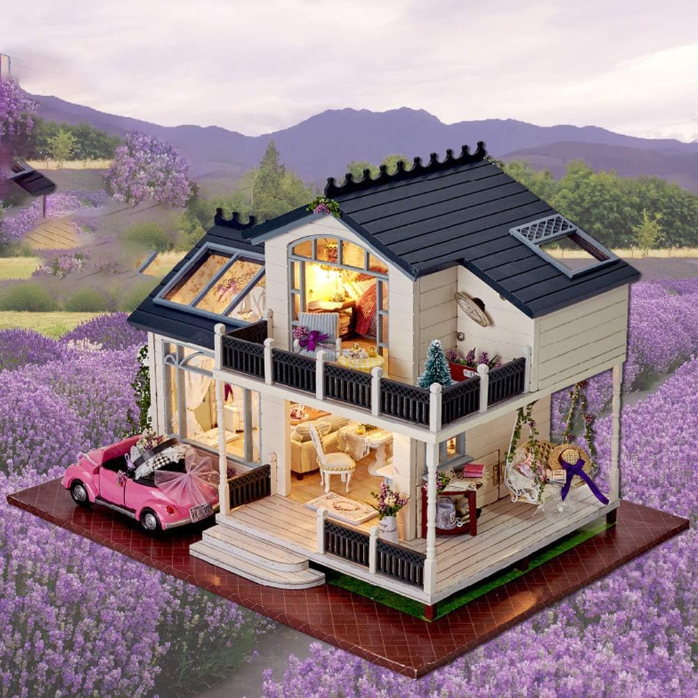 Model house with interior lights in a lavender field with mountains in the background DIY Puuzzle™ | Dollhouse Kit (PROVENCE LAVENDER) - DIY Puuzzle
