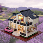 Model house with interior lights in a lavender field with mountains in the background DIY Puuzzle™ | Dollhouse Kit (PROVENCE LAVENDER) - DIY Puuzzle