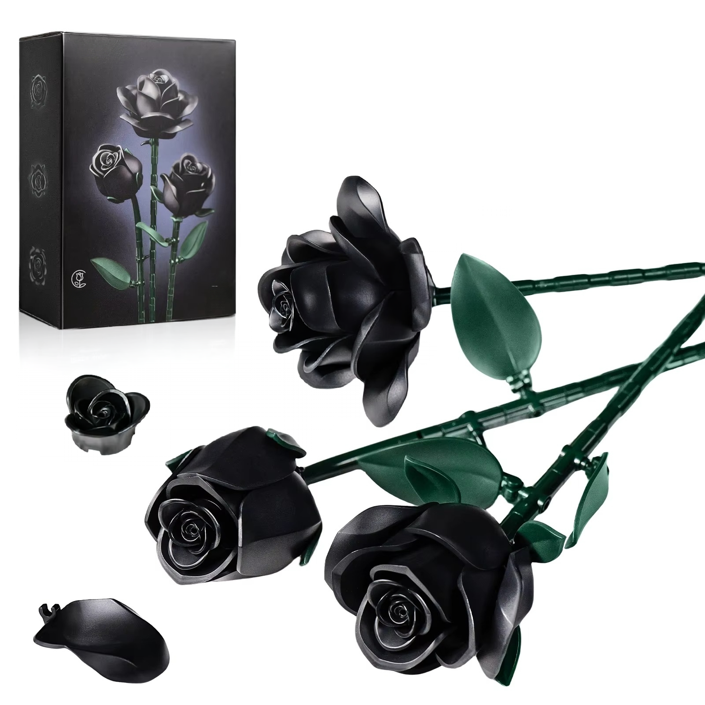 Black roses with green stems and leaves, including a box, on a white background