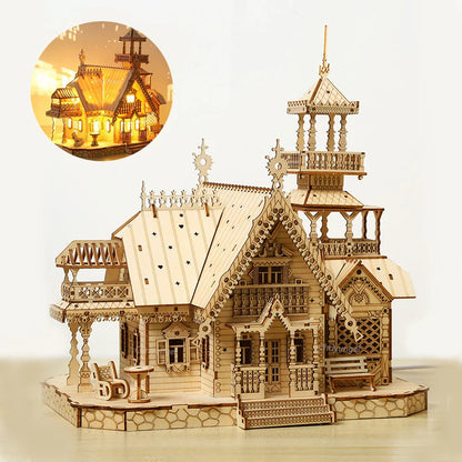 DIY Villa 3D Wooden Model Kit with Light castle puzzle assembly toy for kids adults desk decoration gift LED illuminated display