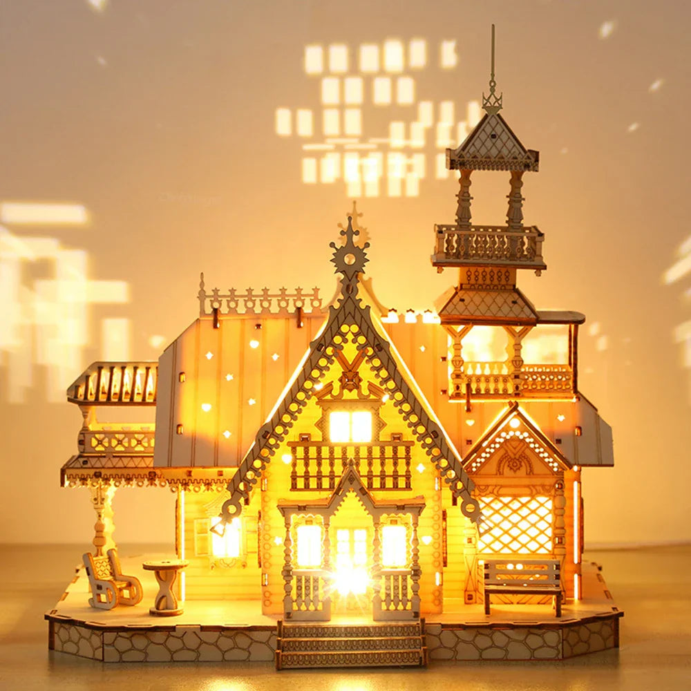 DIY Villa 3D Wooden Model Kit with Light castle puzzle assembly toy for kids adults desk decoration gift LED illuminated display