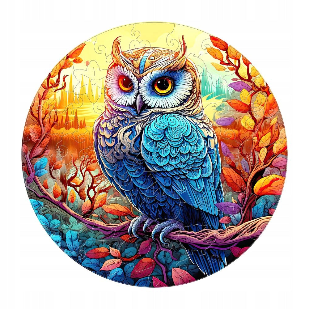 Colorful wooden jigsaw puzzle featuring artistic animal design with intricate patterns and vibrant details