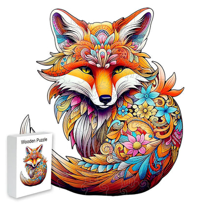 Colorful wooden jigsaw puzzle featuring artistic animal design with intricate patterns and vibrant details