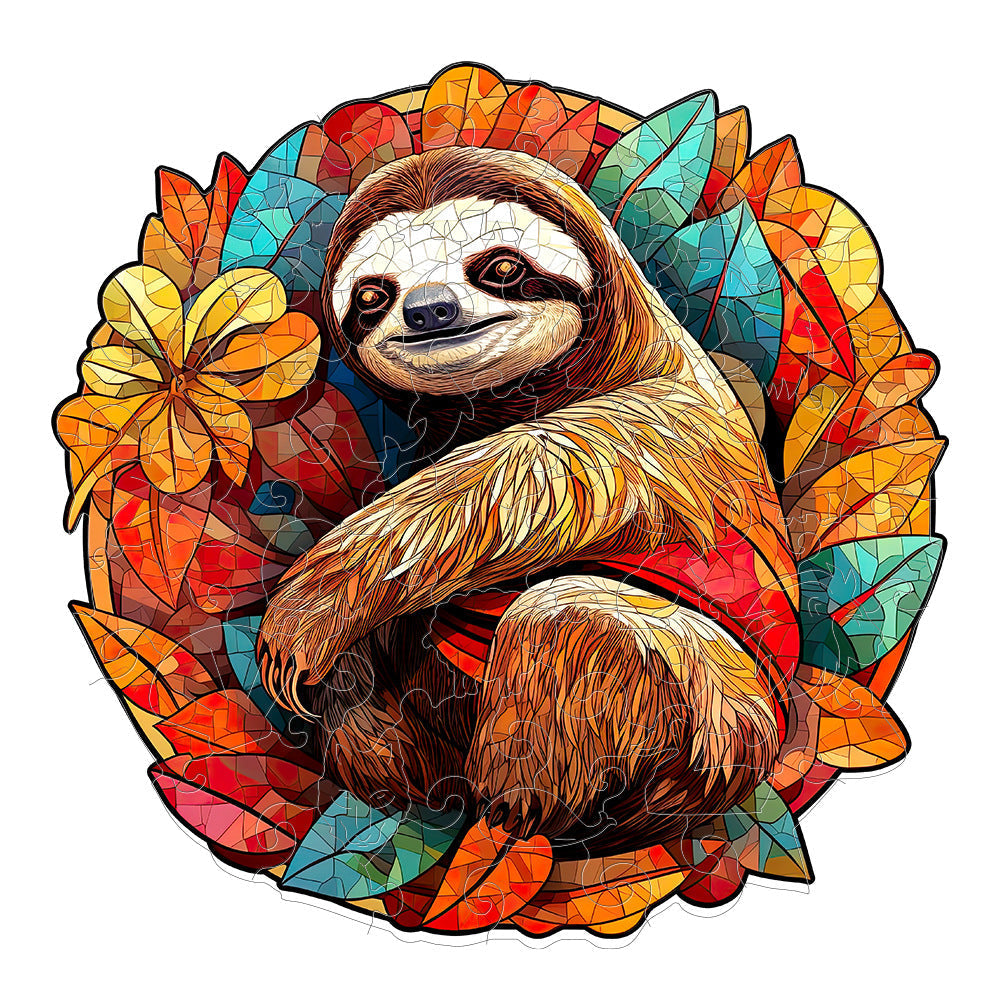 Colorful wooden jigsaw puzzle featuring artistic animal design with intricate patterns and vibrant details