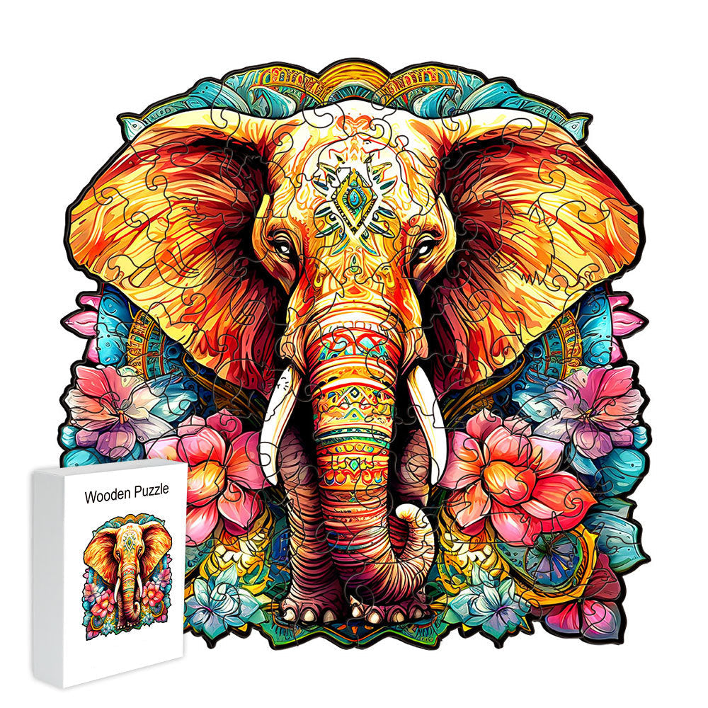 Colorful wooden jigsaw puzzle featuring artistic animal design with intricate patterns and vibrant details