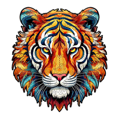 Colorful wooden jigsaw puzzle featuring artistic animal design with intricate patterns and vibrant details