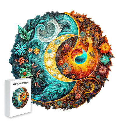 Colorful wooden jigsaw puzzle featuring artistic animal design with intricate patterns and vibrant details