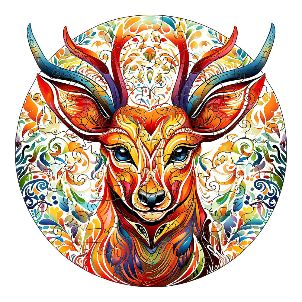 Colorful wooden jigsaw puzzle featuring artistic animal design with intricate patterns and vibrant details