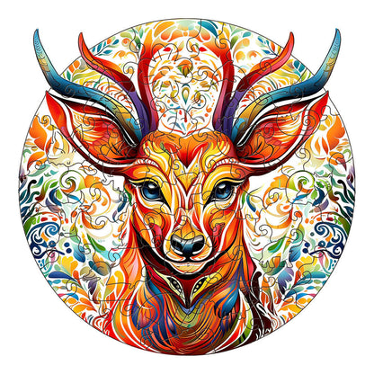 Colorful wooden jigsaw puzzle featuring artistic animal design with intricate patterns and vibrant details