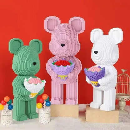Three bear-shaped figures made of interlocking bricks against a red background