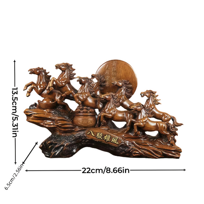 Majestic eight galloping horses feng shui resin sculpture with detailed craftsmanship and traditional Chinese symbolism for home decoration with measurements