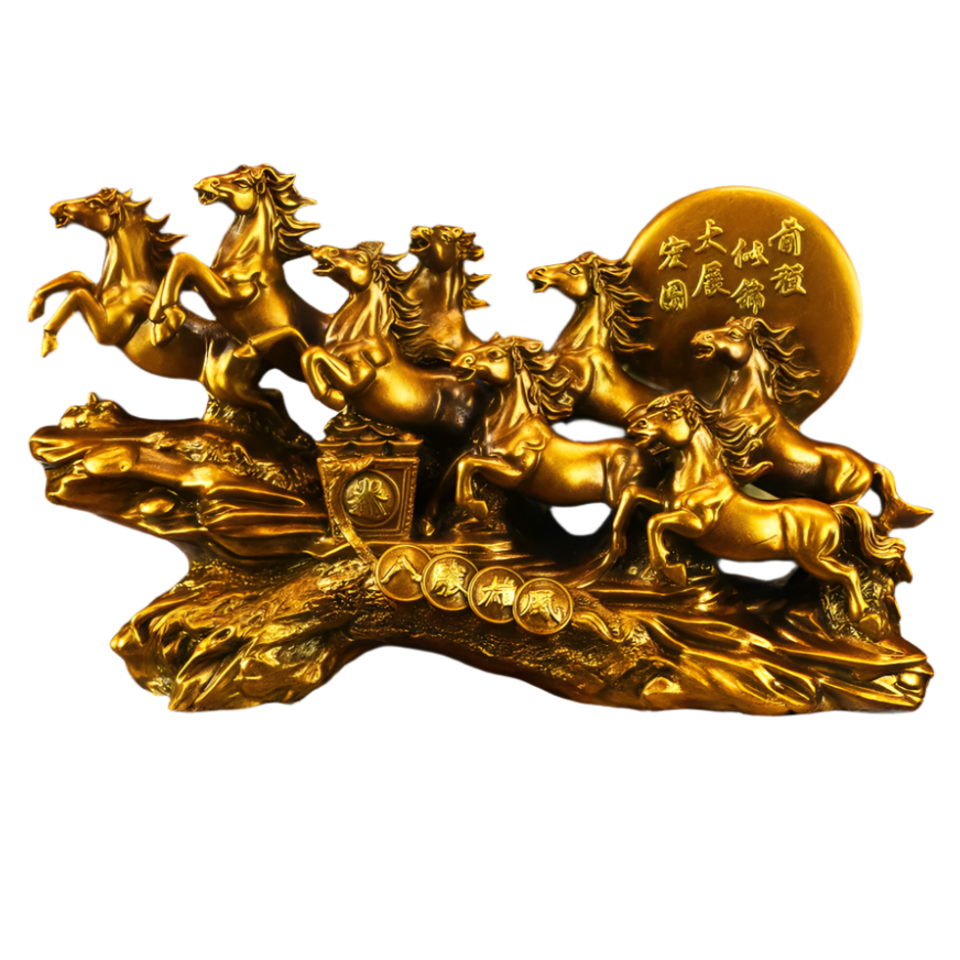 Majestic eight galloping horses feng shui resin sculpture with detailed craftsmanship and traditional Chinese symbolism for home decoration
