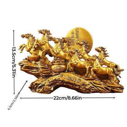 Dimensions of Gold Majestic Eight Galloping Horses Feng Shui Resin Sculpture - Premium quality home decoration featuring traditional symbolism for prosperity