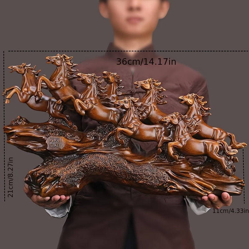 Majestic eight galloping horses feng shui resin sculpture with detailed craftsmanship and traditional Chinese symbolism for home decoration