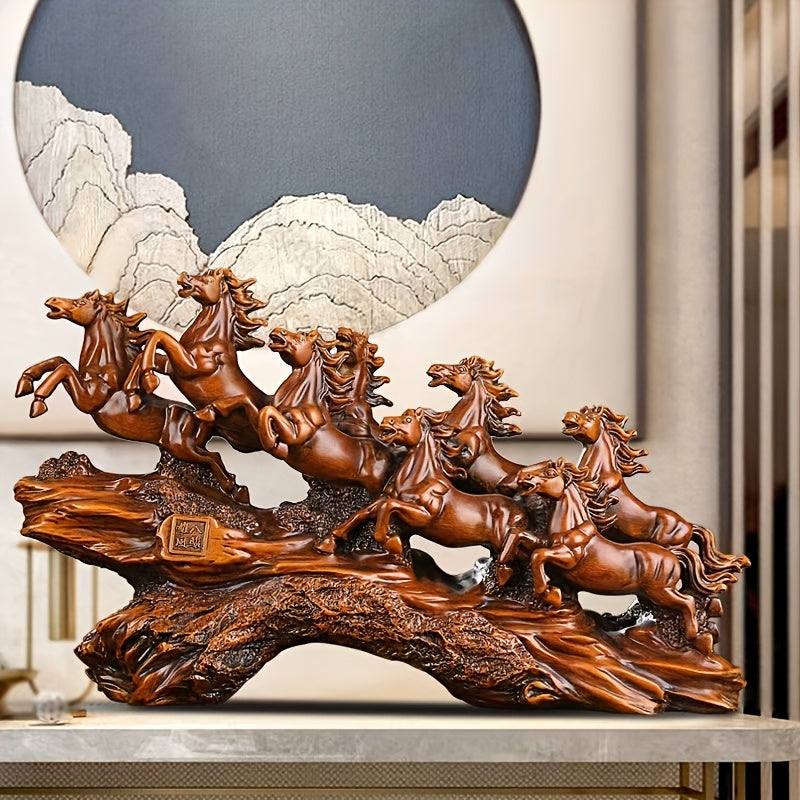 Majestic eight galloping horses feng shui resin sculpture with detailed craftsmanship and traditional Chinese symbolism for home decoration