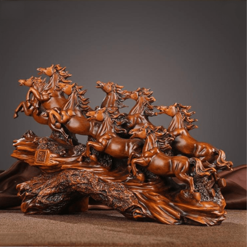 Majestic eight galloping horses feng shui resin sculpture with detailed craftsmanship and traditional Chinese symbolism for home decoration