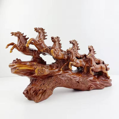Majestic eight galloping horses feng shui resin sculpture with detailed craftsmanship and traditional Chinese symbolism for home decoration