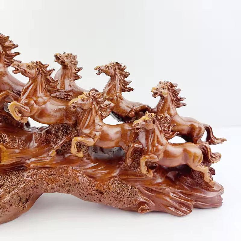 Majestic eight galloping horses feng shui resin sculpture with detailed craftsmanship and traditional Chinese symbolism for home decoration