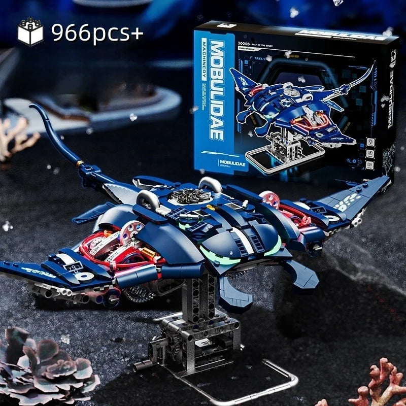 Advanced mechanical building block devil fish model with LED lights and moving parts