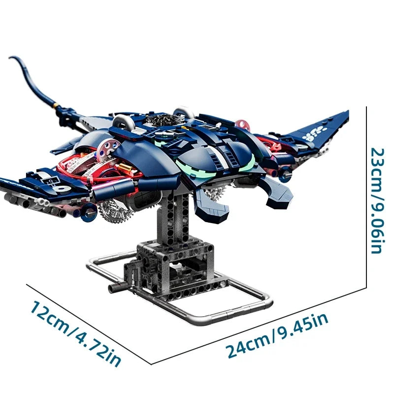 Toy spaceship model with measurements on a white background