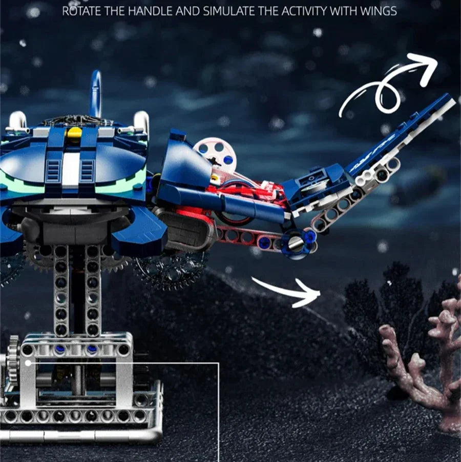 Toy robot with movable wings on a dark underwater background