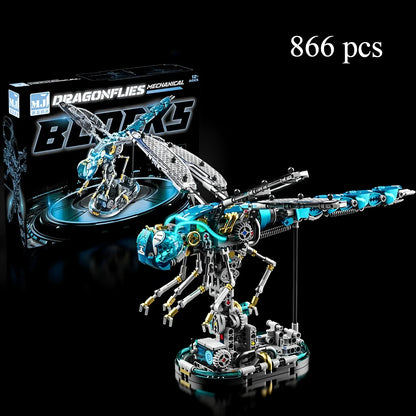 DIY Puuzzle mechanical dragonfly building blocks set with LED lights and movable joints for STEM education and creative building