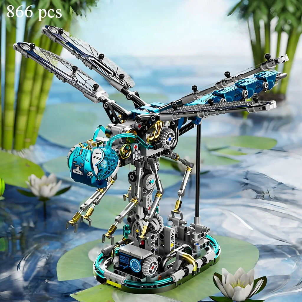 DIY Puuzzle mechanical dragonfly building blocks set with LED lights and movable joints for STEM education and creative building