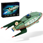 Toy spaceship model with detailed design on a white background, accompanied by its packaging.