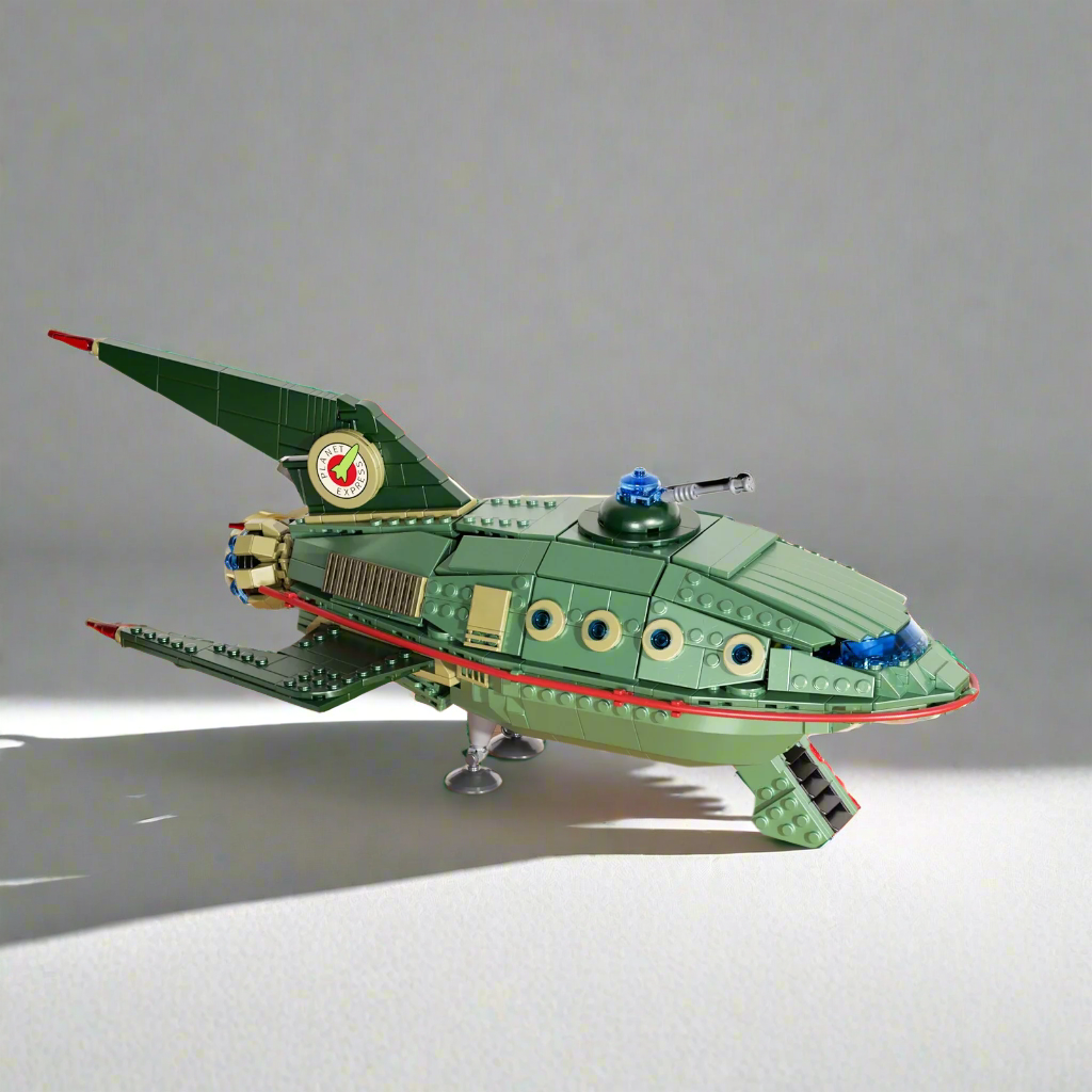 Futuristic green spaceship building blocks set with detailed cockpit and engine components