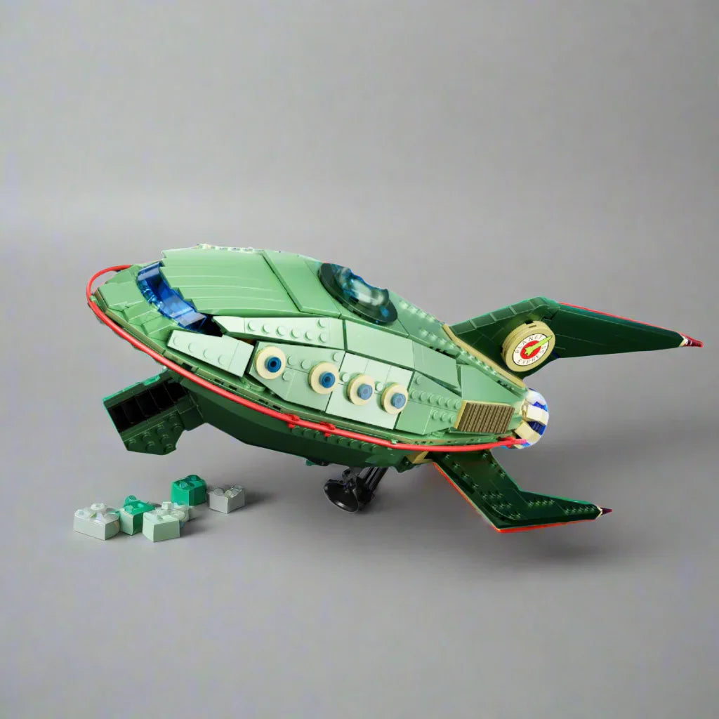 Toy spaceship building blocks set against a space-themed background with text and icons.