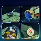 Four views of a toy spaceship with detailed components on a space-themed background.