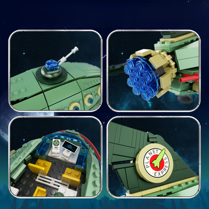 Four views of a toy spaceship with detailed components on a space-themed background.