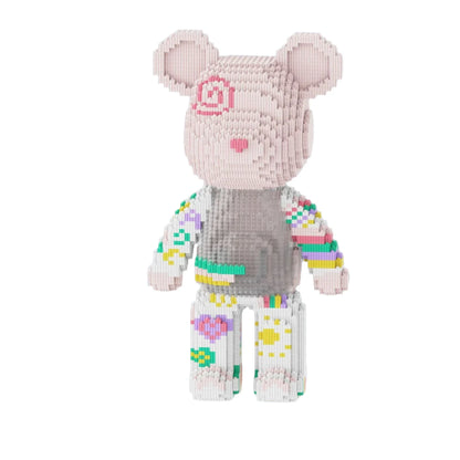 Toy figure of a bear made from building blocks with measurements and product details on a light blue background.