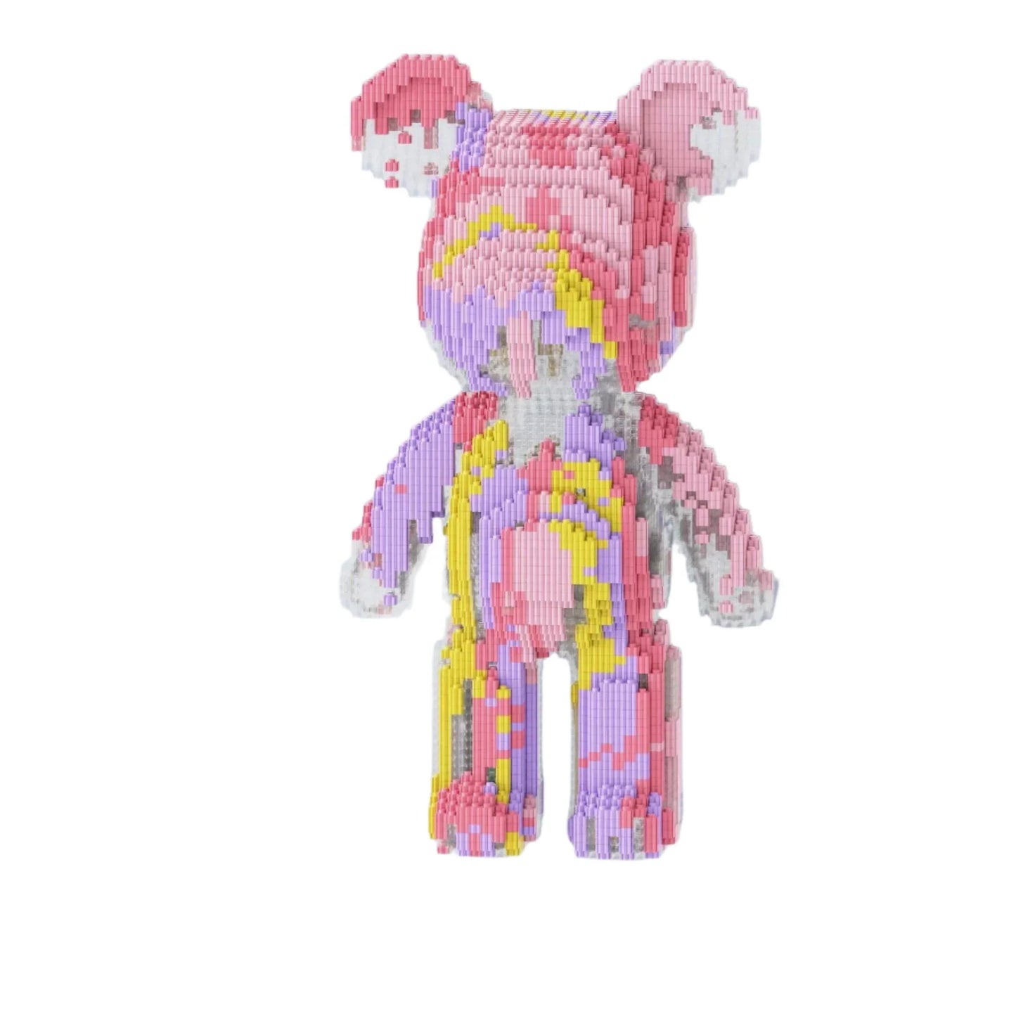 Pink and purple bear-shaped building block set on a white platform with blue gift boxes in the background.
