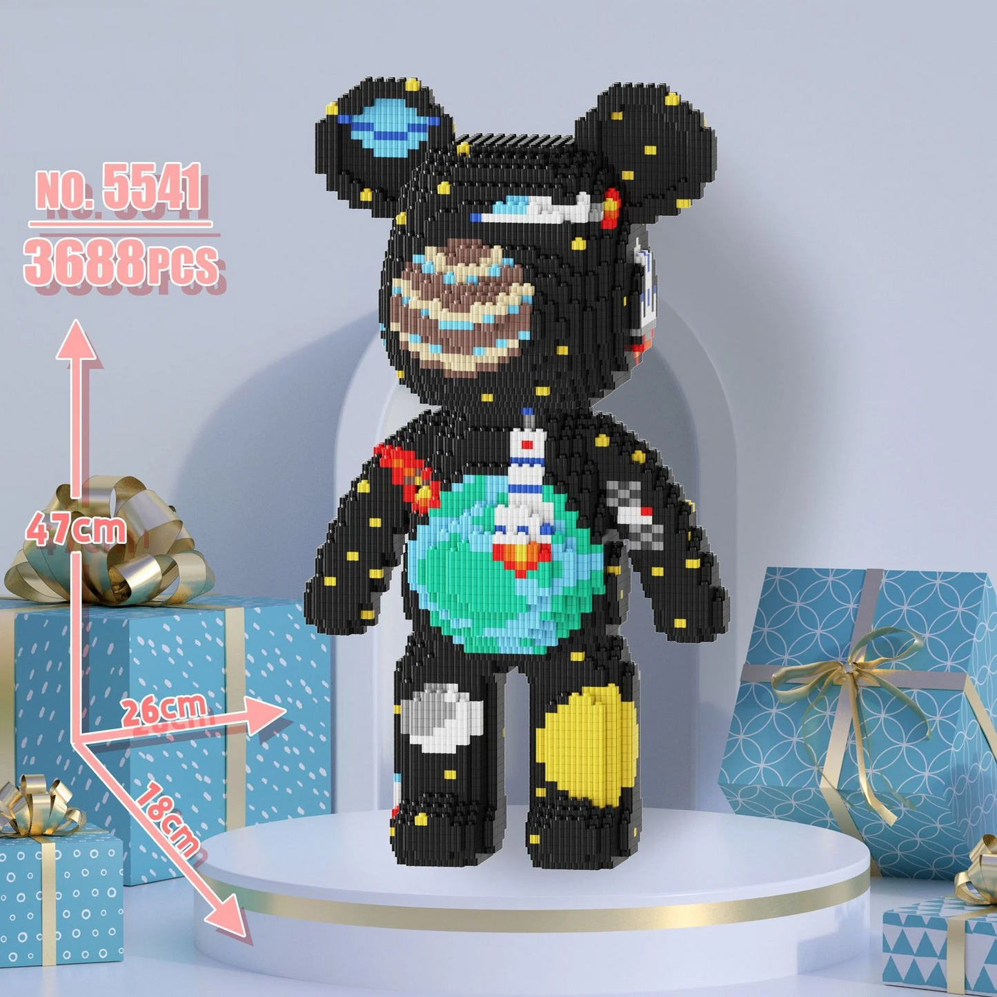 Black bear-shaped toy made of building blocks with measurements and gift boxes in the background