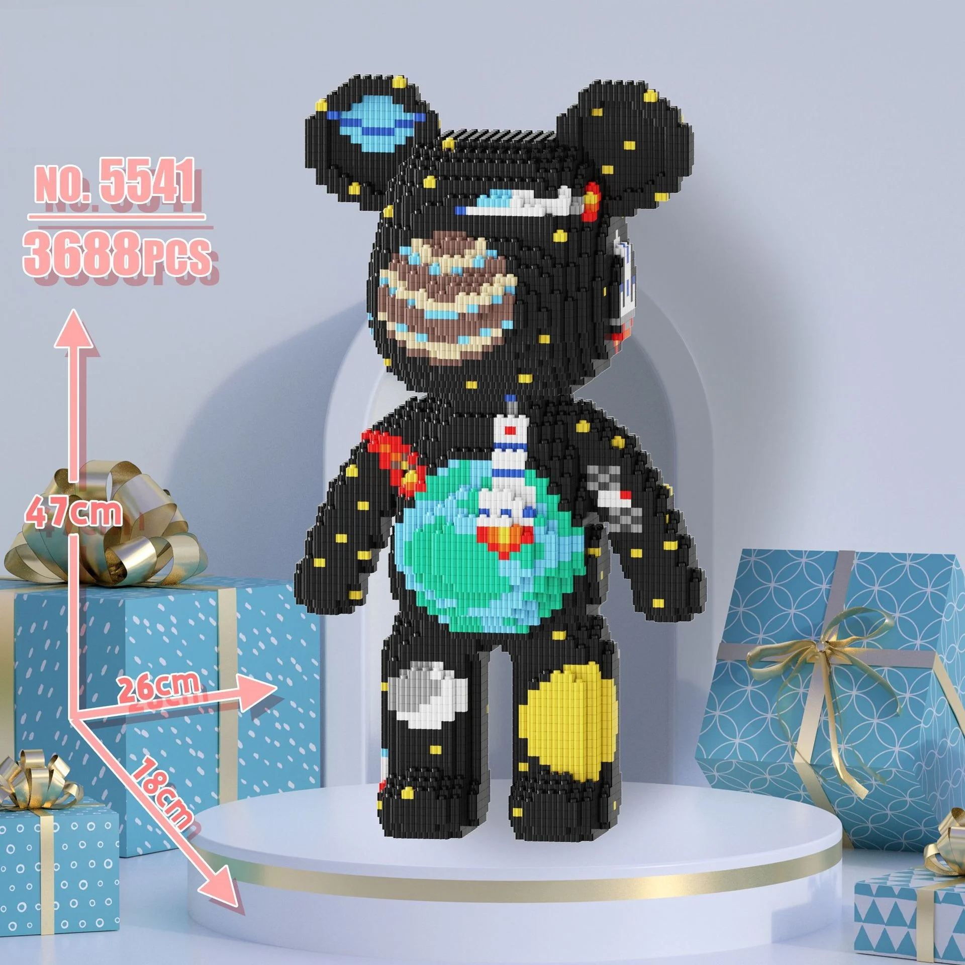 Black bear-shaped toy made of building blocks with measurements and gift boxes in the background