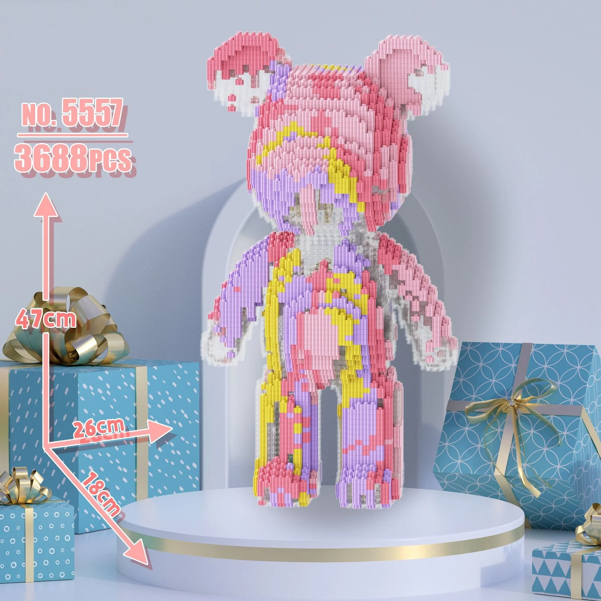 Colorful 3D puzzle bear model with measurements and gift boxes in the background