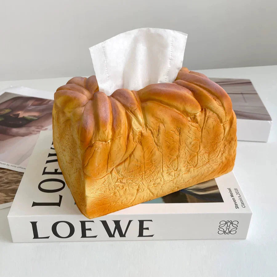 Realistic bread-shaped tissue box holder with premium PU construction and innovative dispensing mechanism