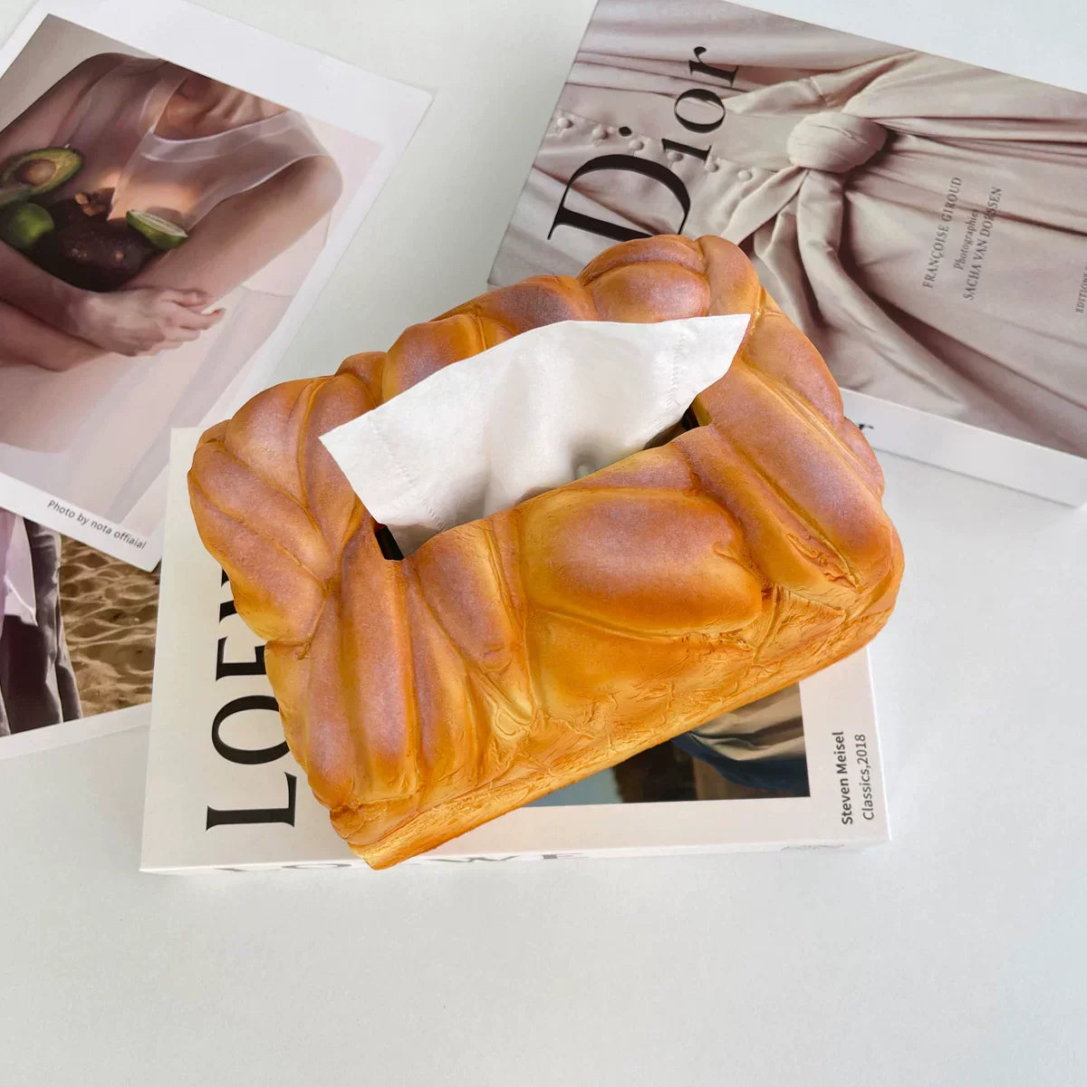 Realistic bread-shaped tissue box holder with premium PU construction and innovative dispensing mechanism