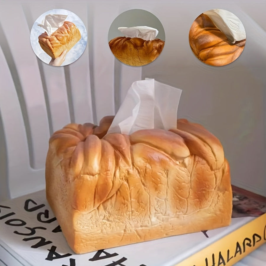 Loaf-shaped tissue box cover with bread design on a white surface