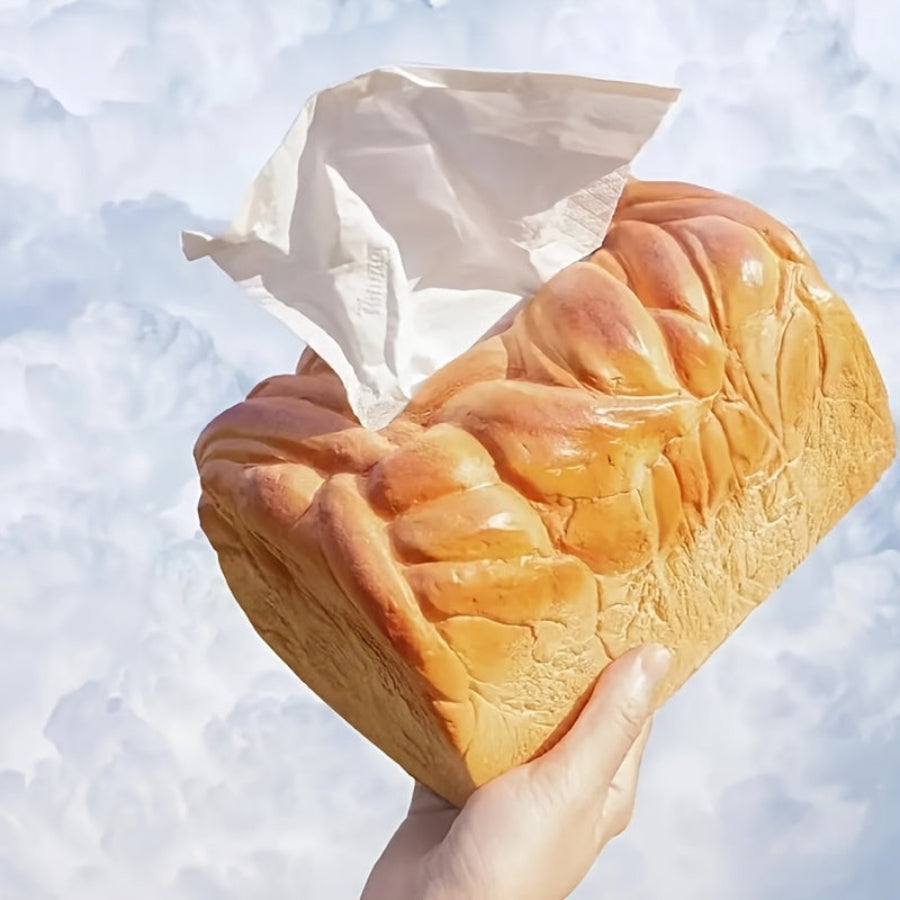 Realistic bread-shaped tissue box holder with premium PU construction and innovative dispensing mechanism