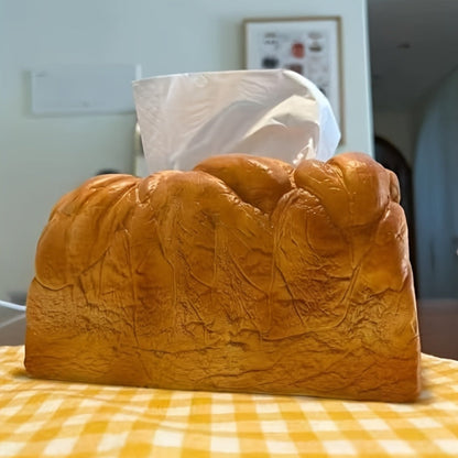 Realistic bread-shaped tissue box holder with premium PU construction and innovative dispensing mechanism