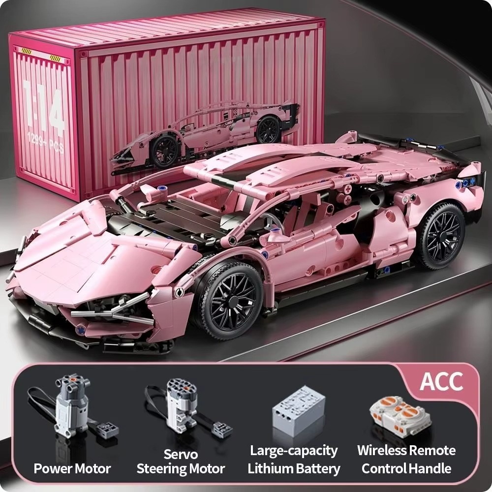 Pink toy car with open doors and visible mechanical components, displayed with a pink container in the background.