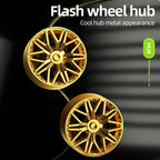 Two gold wheel hubs on a black background with text 'Flash wheel hub' and 'Cool hub metal appearance'.