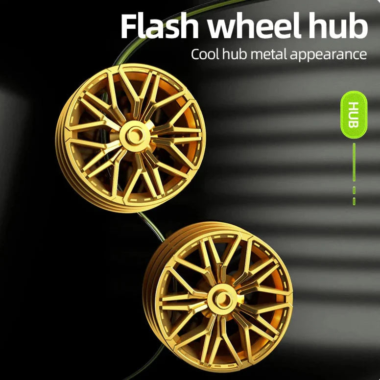 Two gold wheel hubs on a black background with text 'Flash wheel hub' and 'Cool hub metal appearance'.