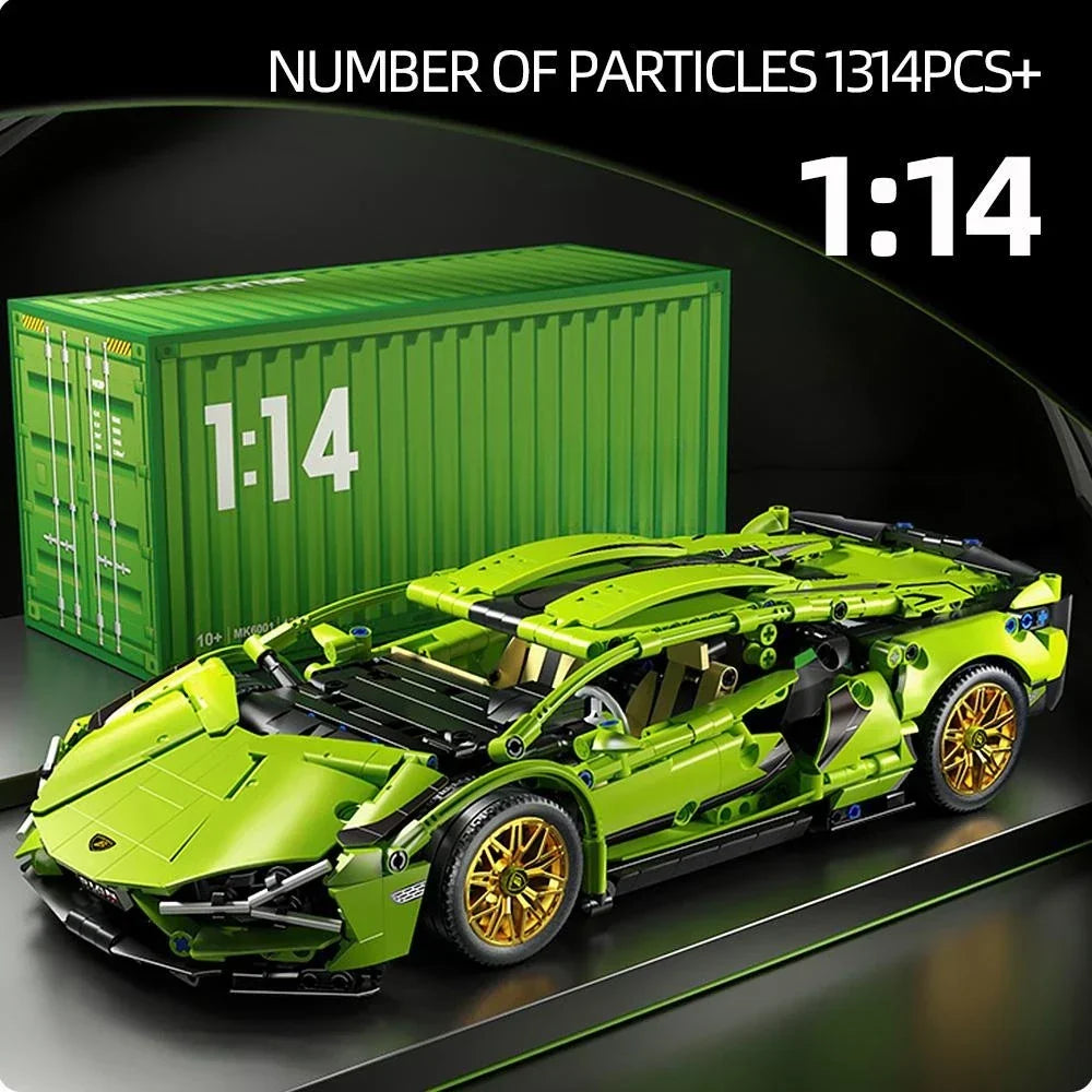 Green toy car model with detailed design, placed in front of a green container with '1:14' marking.