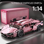 Pink toy car set with a container and model car in the background, featuring '1:14' scale.