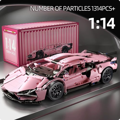 Pink toy car set with a container and model car in the background, featuring '1:14' scale.