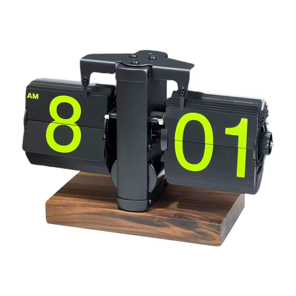 Vintage retro flip clock with wooden base and large number display for home office decoration and modern timekeeping